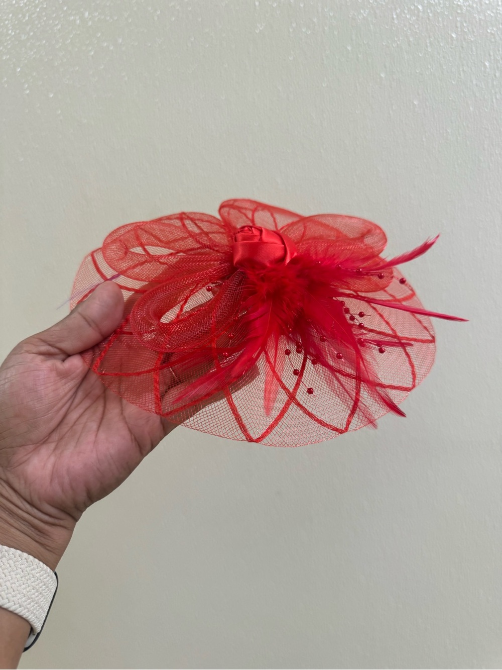 Red Fascinator Mesh Feather Wedding Derby Goth Halloween Costume Hat Headpiece